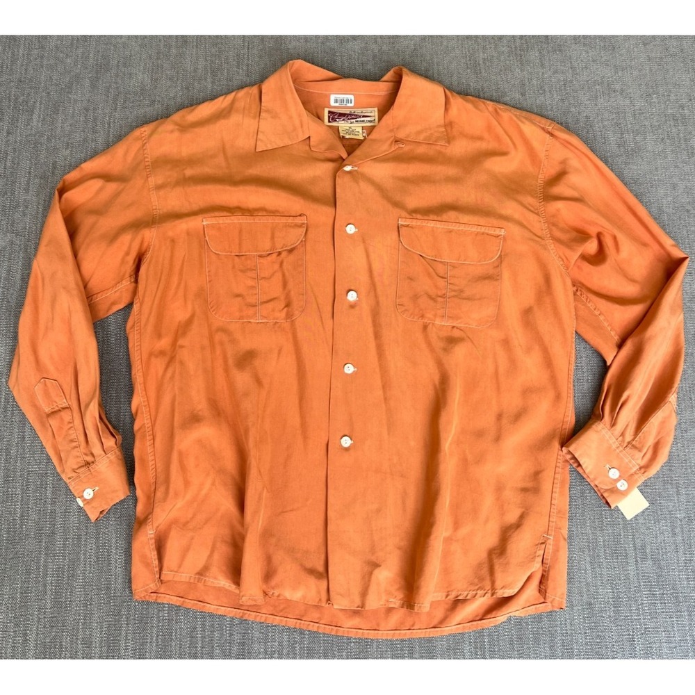 Vtg 40s Ron Herman Shirt Mens XL Orange Silk Long Sleeve Camp Collar Button Up